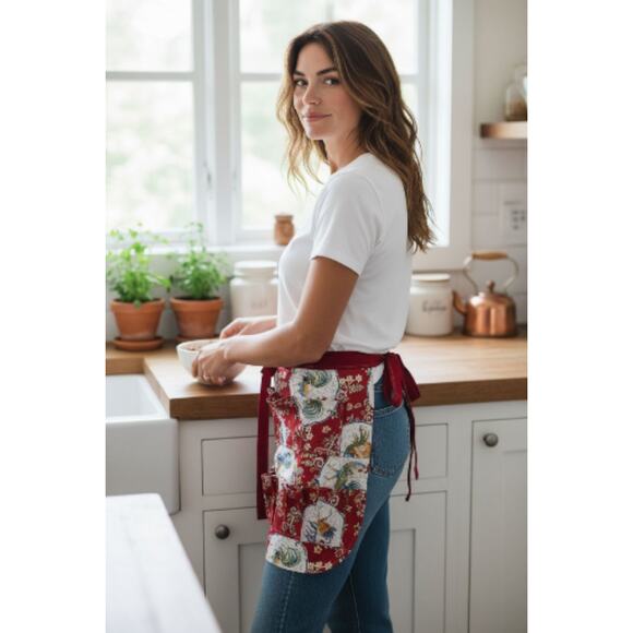 Handmade reversible cotton apron egg collector egg apron farmhouse rooster print - Picture 2 of 5